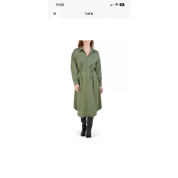 NWT French Connection Olive Green Shirt Dress Medium M Midi Belted Satin Career - Picture 2 of 11